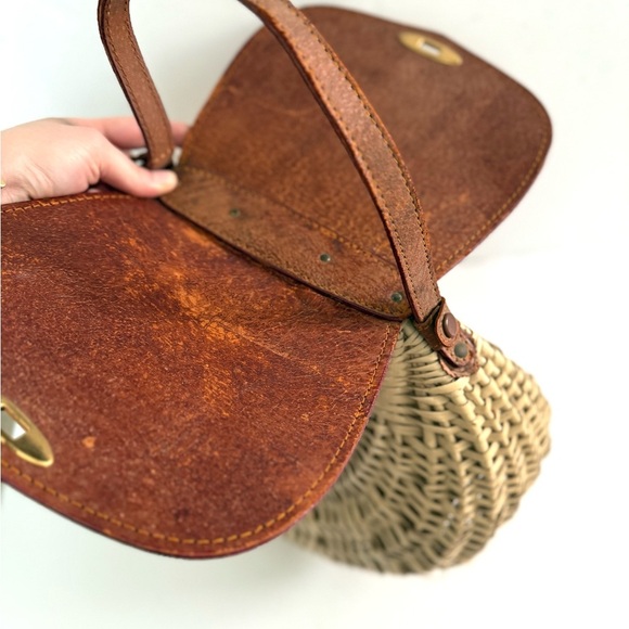 Vintage 50s Art Deco Shell Wicker Leather Basket Bag Retro Rockabilly Pinup Boho - Picture 10 of 11